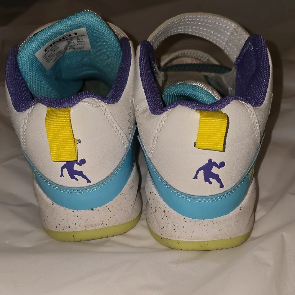 AND1 Boys Velcro White, Teal, Yellow, Purple Basketball Sneakers Size 6